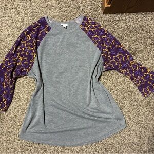LuLaRoe Gray Top with Purple and Gold Sleeves